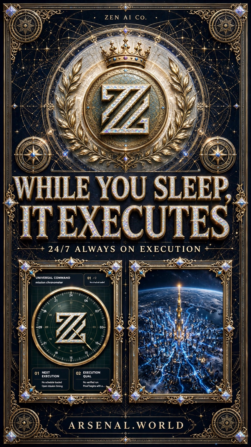 While You Sleep, It Executes — the ZEN Arsenal poster with a crowned holographic Z crest, jeweled gold border, command chronometer, and a luminous blue city on Earth.